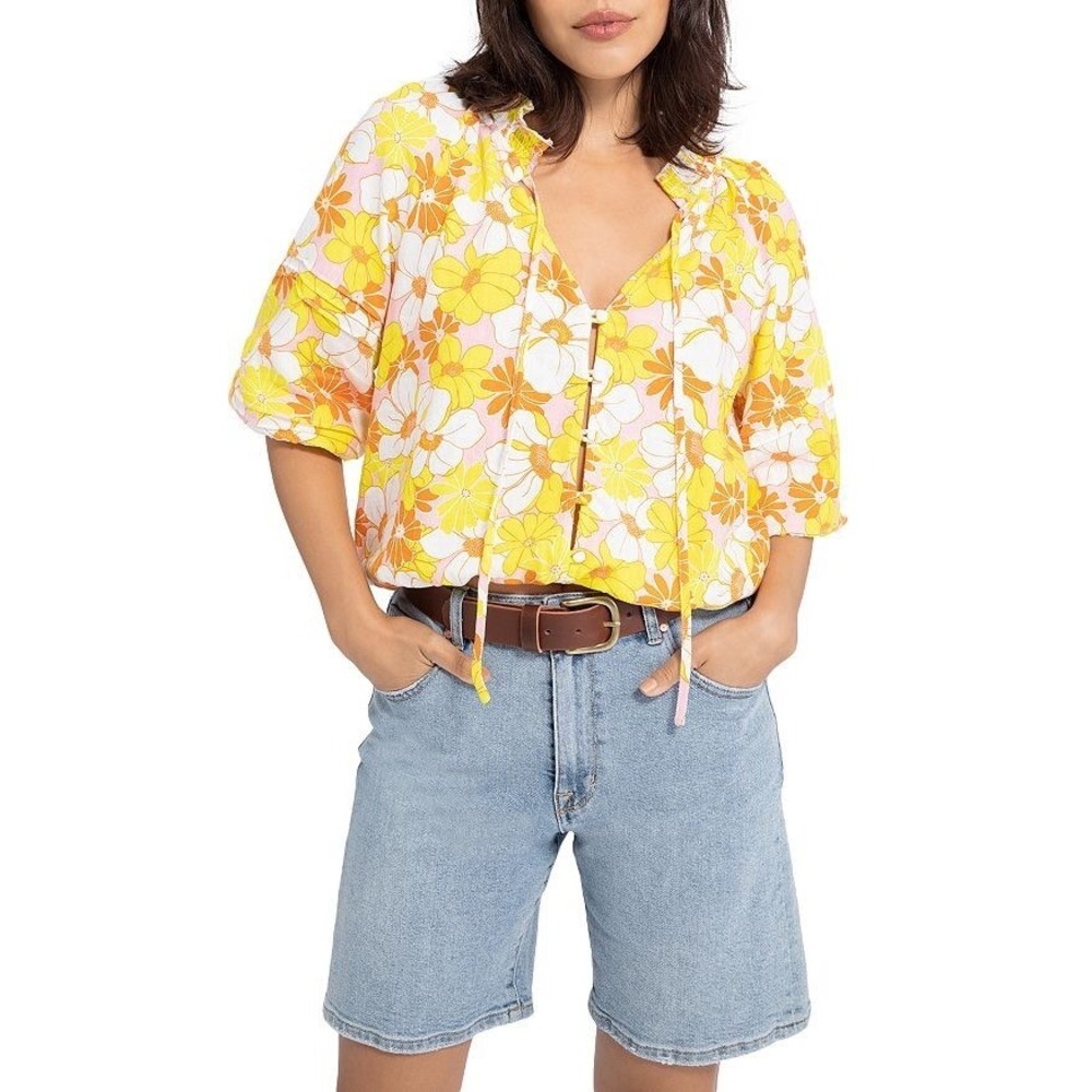 Sanctuary Women's Floral Print Button Down Blouse Top - Yellow, Pink, Orange